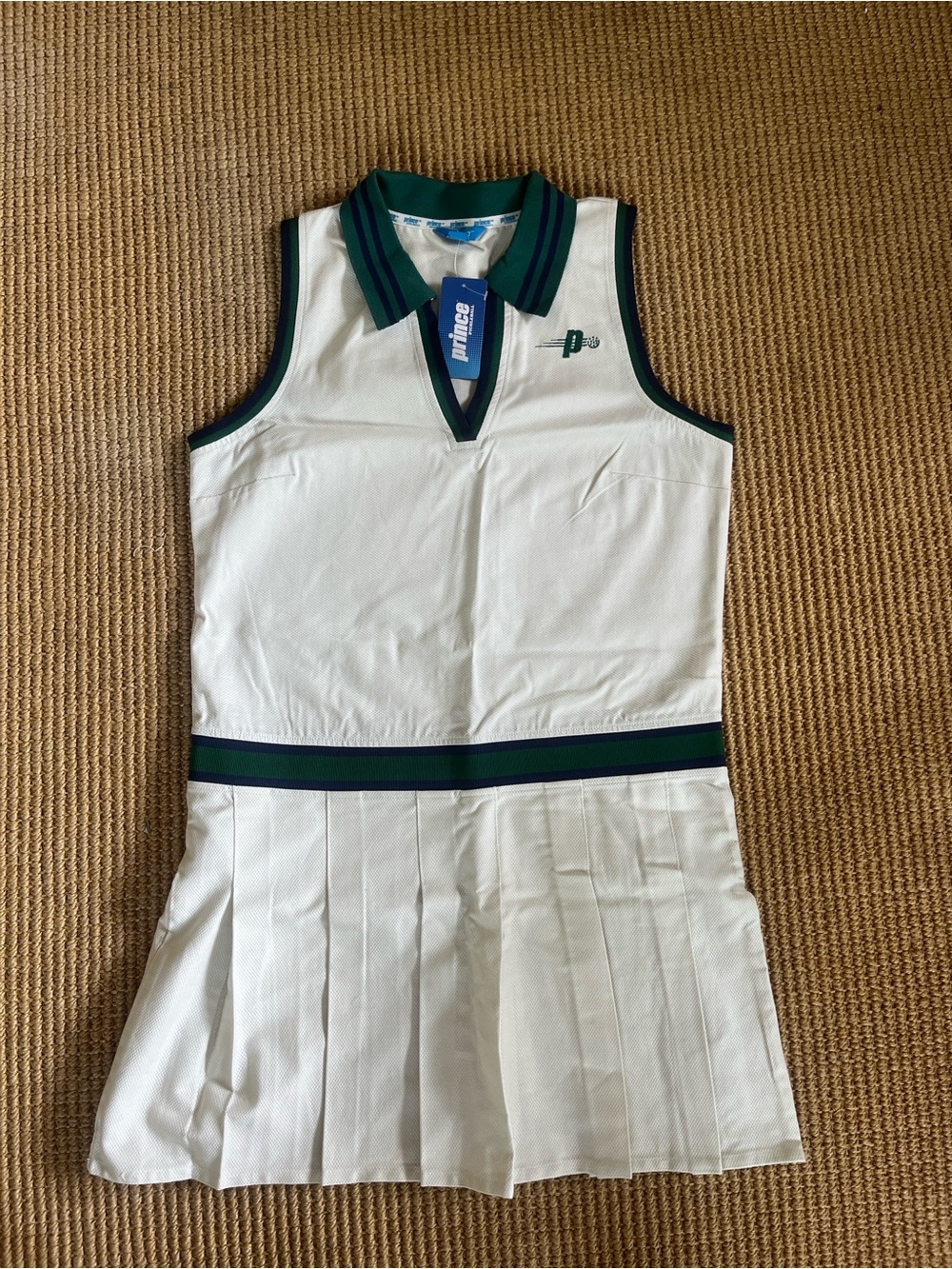 Prince White Sleeveless Pickleball Dress with Green and Navy Trim